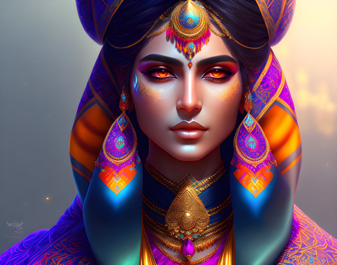 Vibrant digital artwork of woman in South Asian-inspired attire