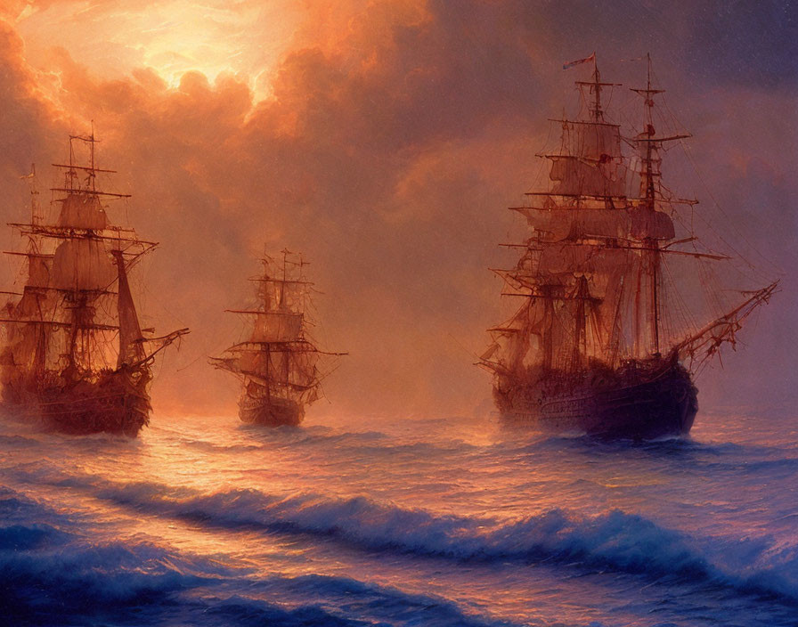 Tall ships sailing on turbulent seas under dramatic orange sky