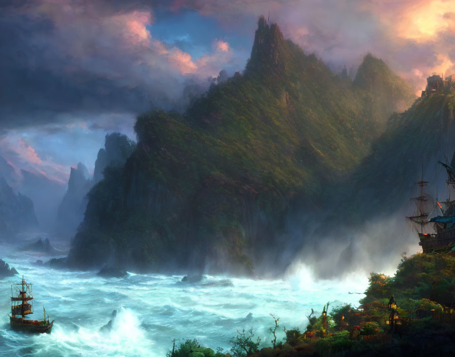 Mystical landscape with ship, coastal village, cliffs, castle, forested mountain, dramatic sky