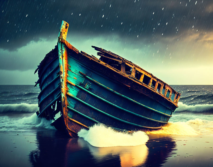 Stormy Beach Scene: Old Shipwreck, Crashing Waves, Dark Sky & Rain
