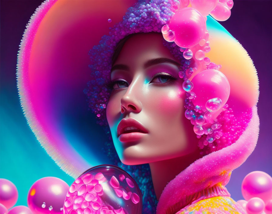 Vibrant makeup woman with whimsical hat in neon-lit scene