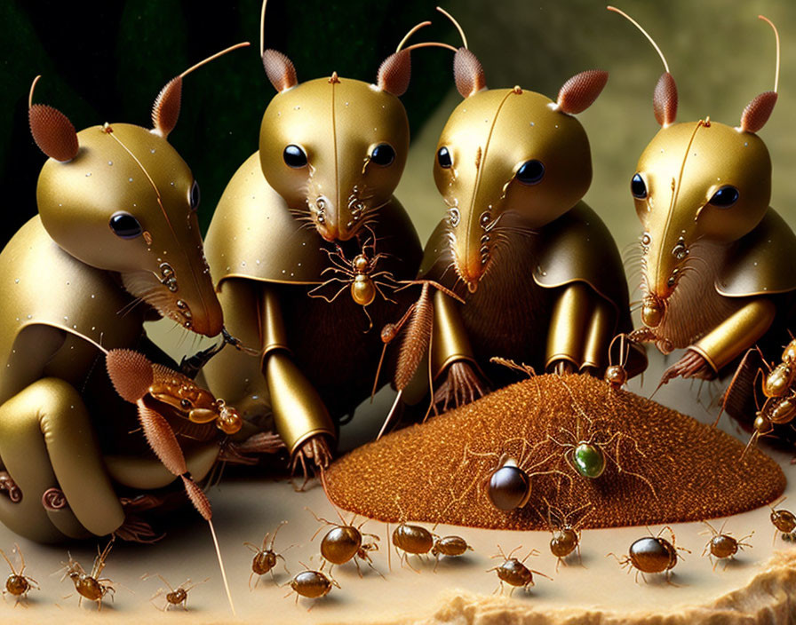 Surreal digital art: oversized golden ants with smaller ants on grains