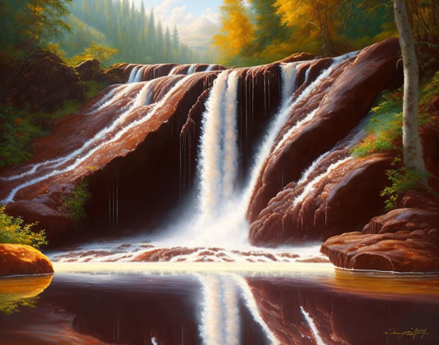 Tranquil waterfall in sunlit forest with cascades flowing over rocks