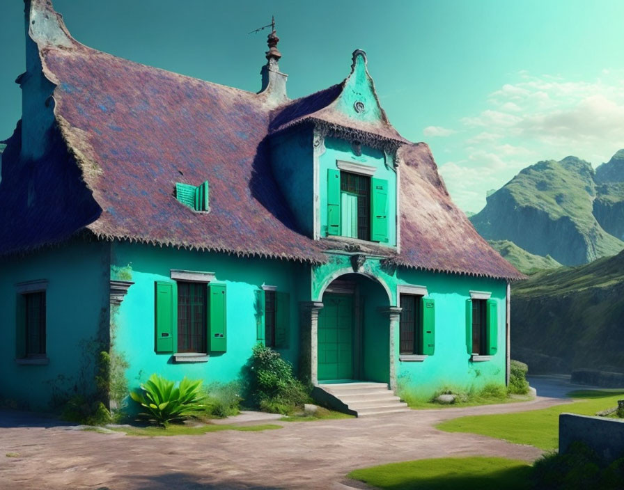Whimsical blue house with vibrant thatched roof and green shutters against lush green mountains