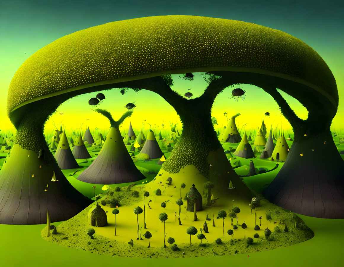 Surreal landscape with dome structure, conical hills, trees, and floating orbs