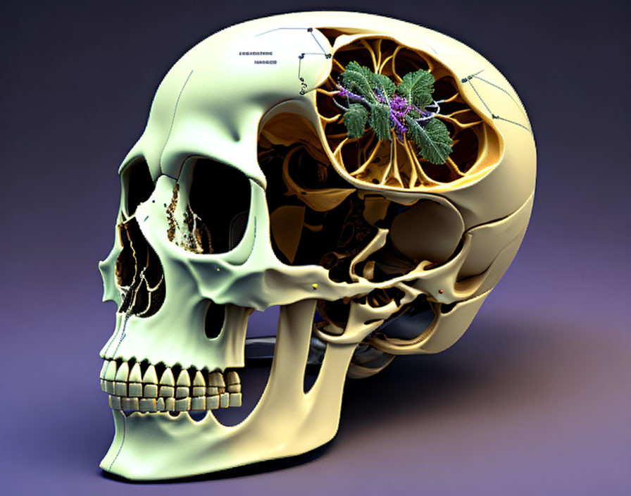 Digitally rendered human skull with floral brain structure.