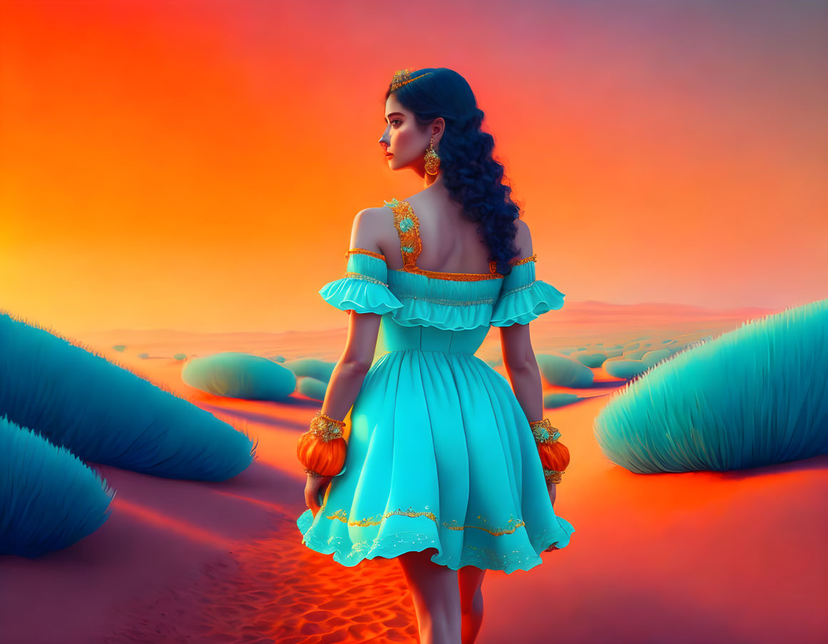 Woman in Blue and Gold Dress Surrounded by Surreal Orange Dunes and Blue Structures