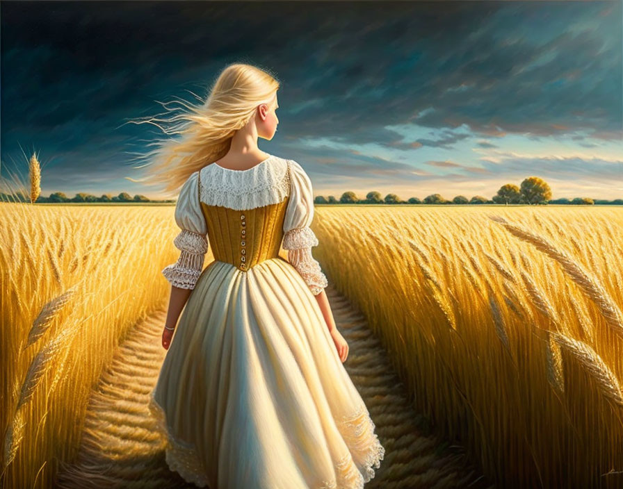 Girl in Vintage Dress Stands in Golden Wheat Field at Dusk
