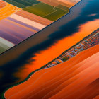 Vibrant geometric farmland in orange, brown, and green.