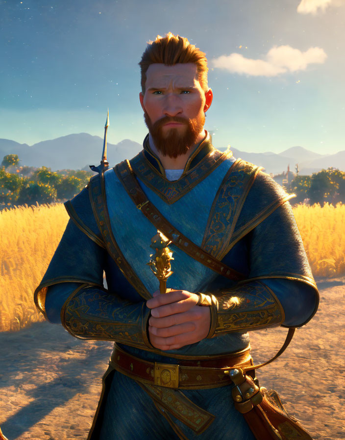 Red-bearded animated character in medieval attire holding a spear at sunset