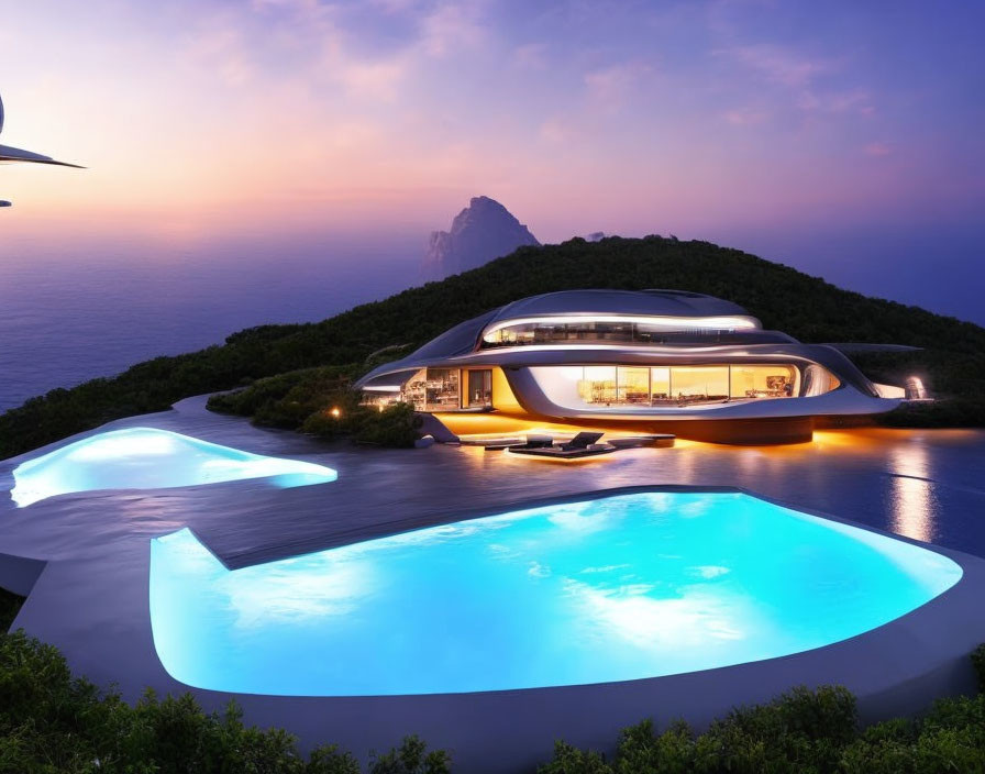 Futuristic cliff-top house with flowing design and sunset pool.