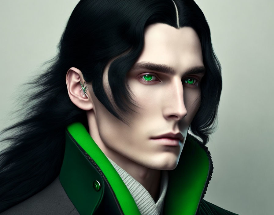 Digital art of a man with long black hair and green eyes in a modern green coat