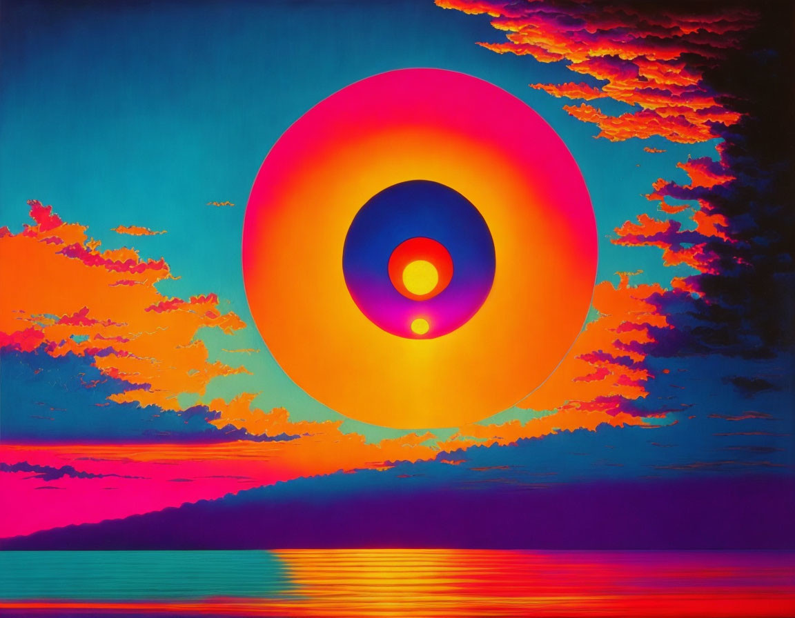 Colorful concentric circles: sunset over water art