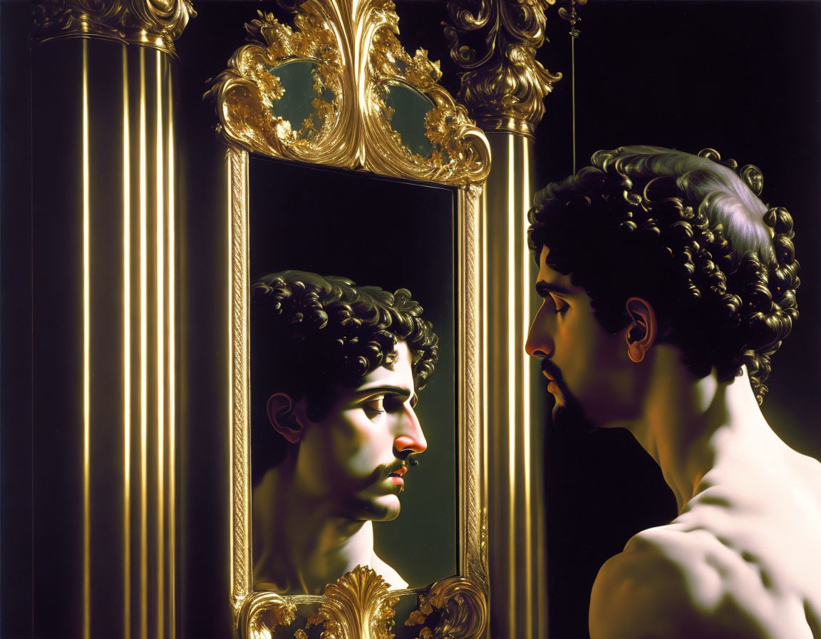 Man with Curly Hair Gazing at Reflection in Ornate Mirror