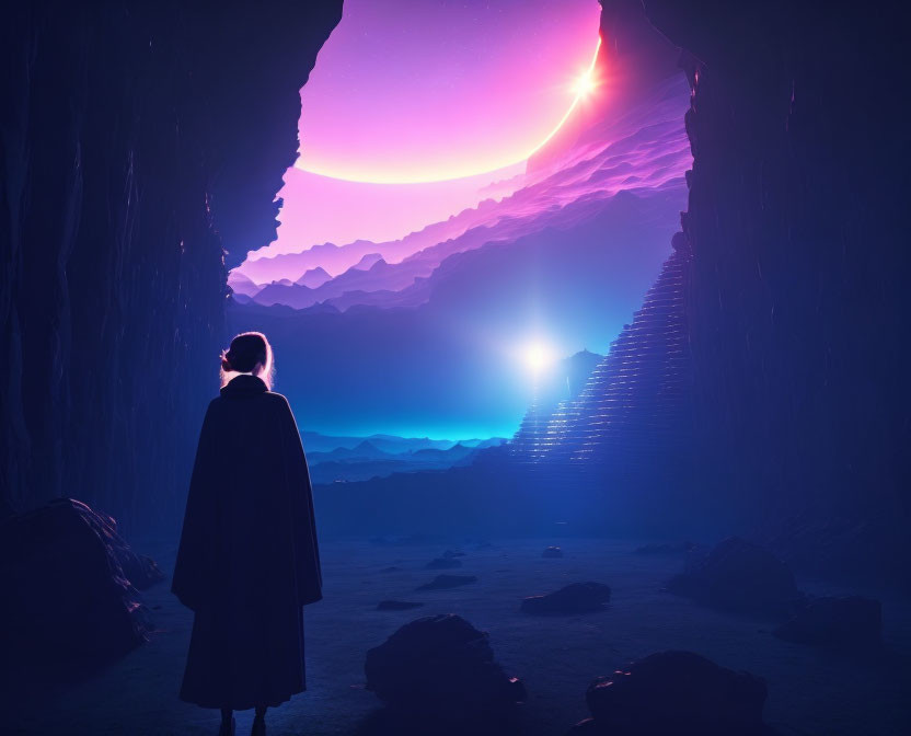 Person in Cape Gazes at Surreal Landscape with Pink Planet