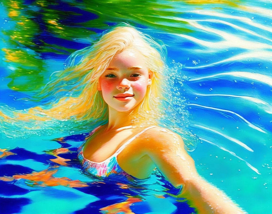 Blonde girl swimming in clear blue water under sunlight