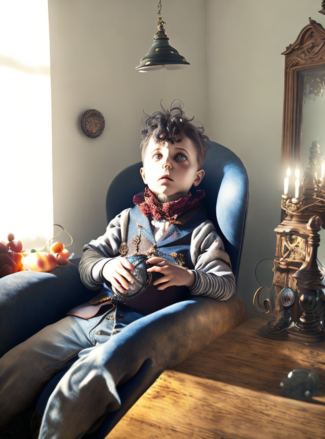 Young boy in vintage armchair with ornamental object, surrounded by antiques in warm sunlight.