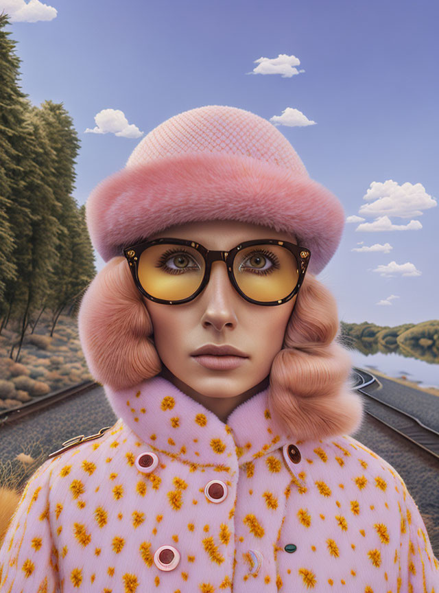 Surreal portrait of woman with oversized glasses and pink earmuffs in floral coat