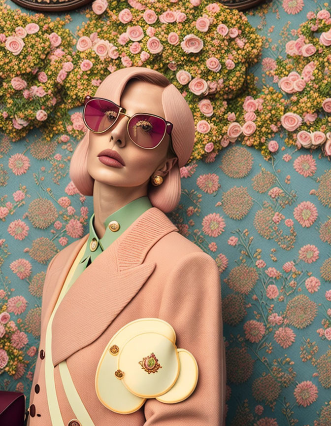 Fashionable woman with pink hair and sunglasses in peach blazer against floral backdrop