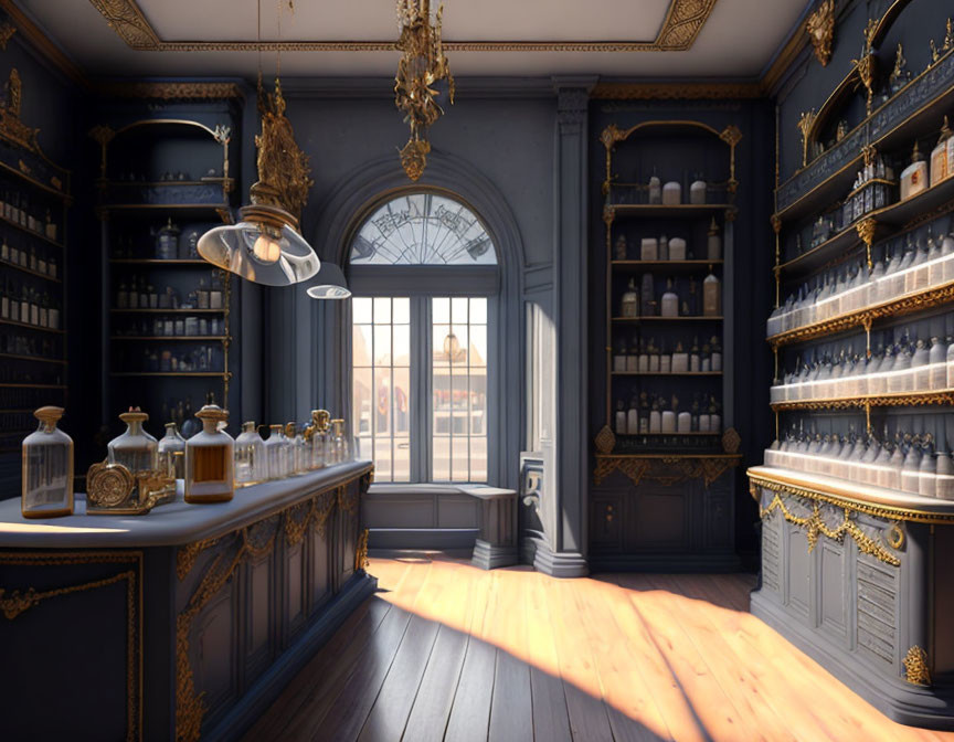 Vintage Pharmacy Interior with Glass-Stained Windows & Ornate Shelves