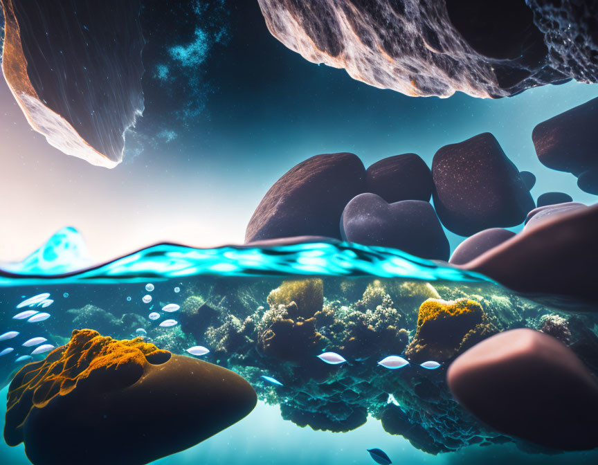 Surreal underwater landscape with rocks, coral, and fish under cosmic sky