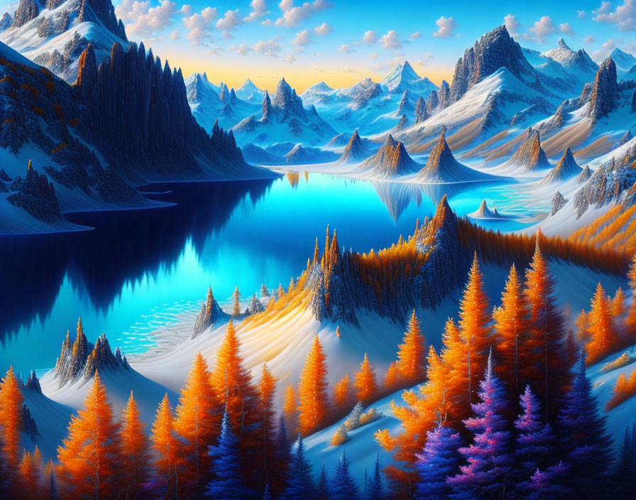 Serene blue lake, orange and purple trees, snow-capped mountains at sunset