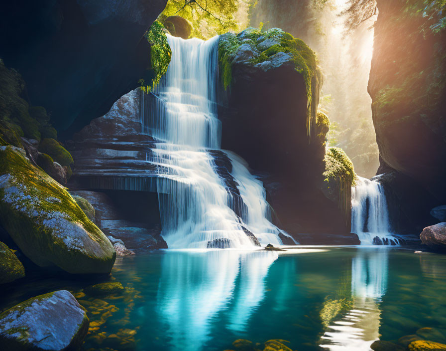 Lush forest with serene waterfall cascading into turquoise pool