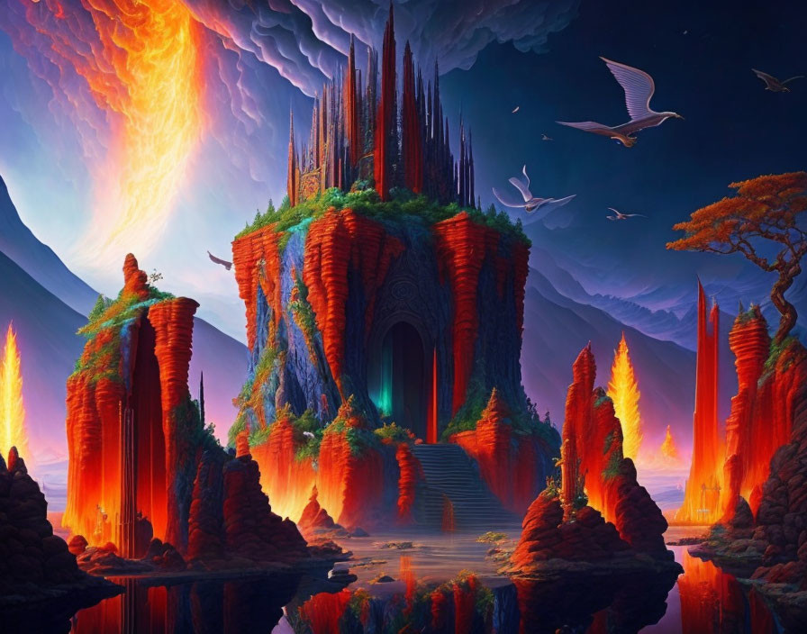 Fantastical landscape with towering castle, lava flows, surreal vegetation, and dramatic sky