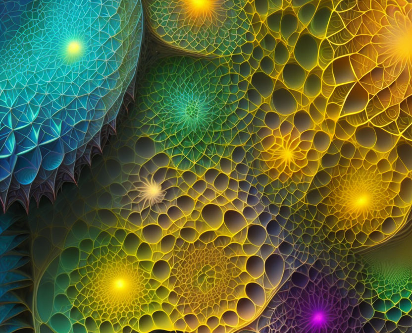 Colorful digital art: Cellular patterns shift from blues to yellows, featuring intricate fractal geometry.