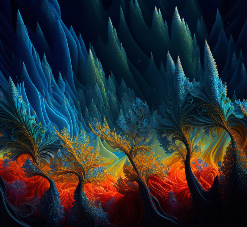Colorful fractal art: Alien landscape with orange and blue tree-like structures
