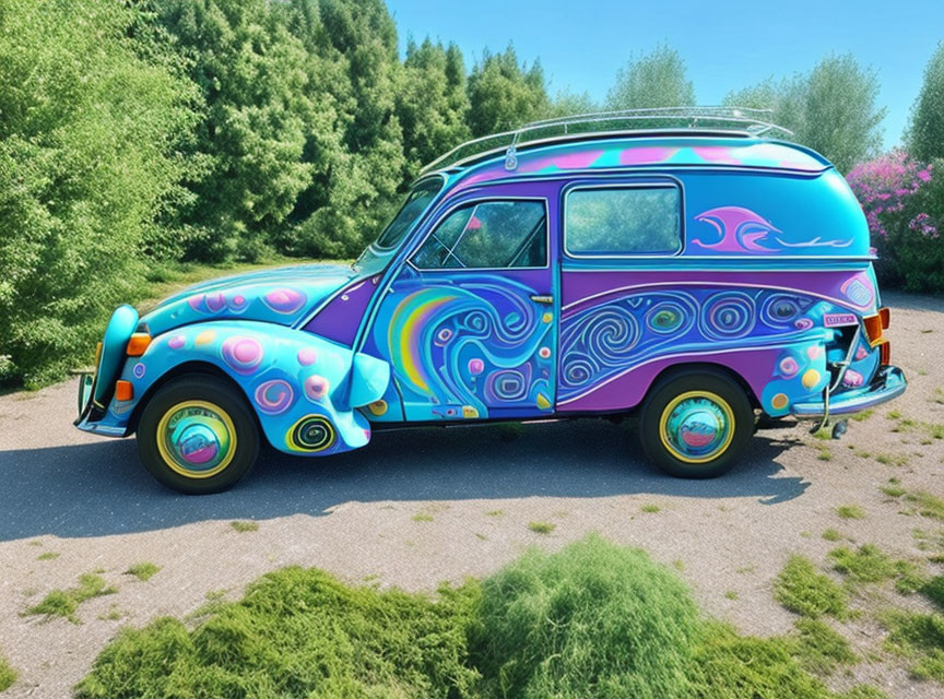 Colorful Psychedelic-Painted Car Parked by Roadside