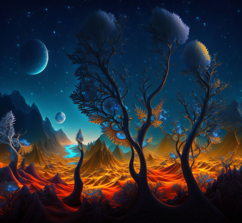 Fantasy landscape with glowing trees, lava, mountains, and dual moons
