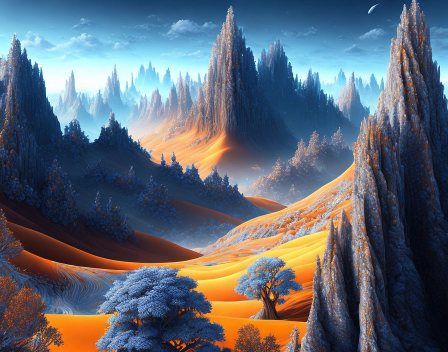 Vibrant blue trees, orange sand dunes, and towering rock formations in a fantastical twilight