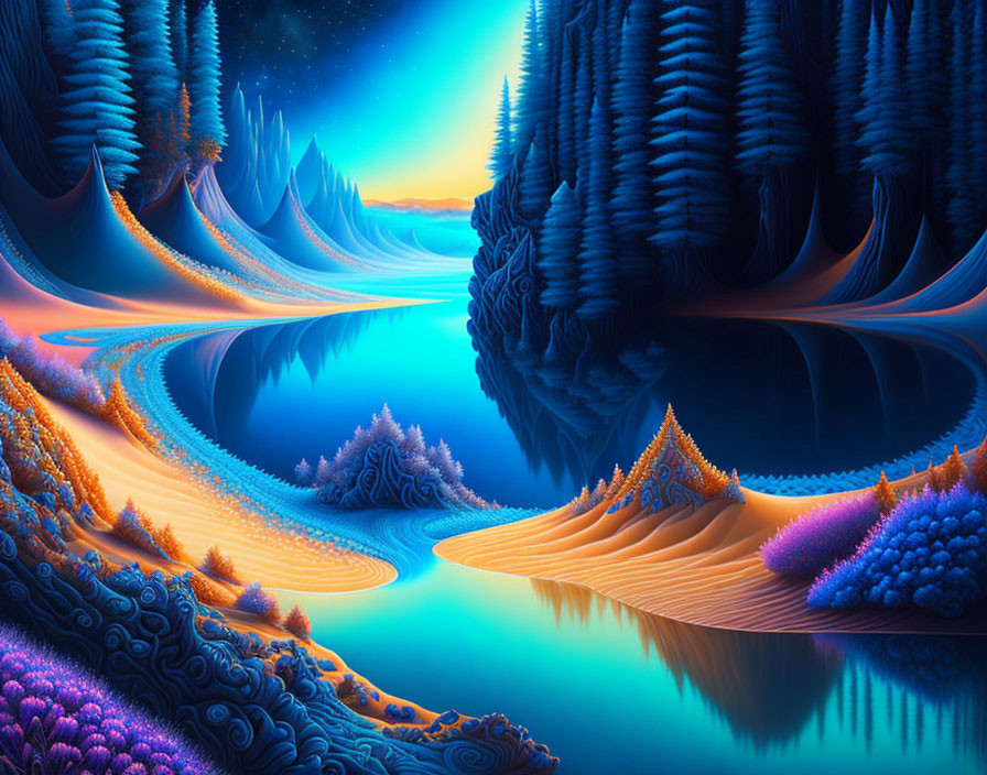 Surreal landscape with fractal trees, blue river, and starry sky