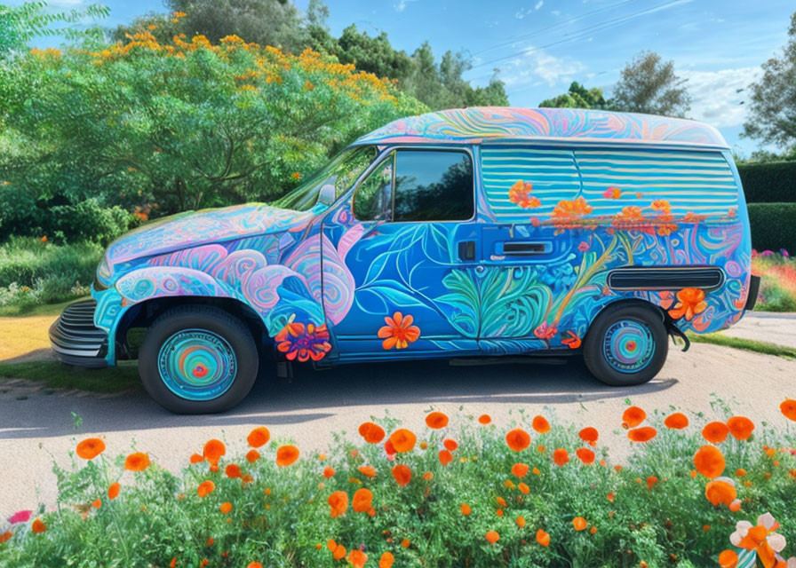 Colorful van with floral designs near blooming garden and orange flowers under clear sky