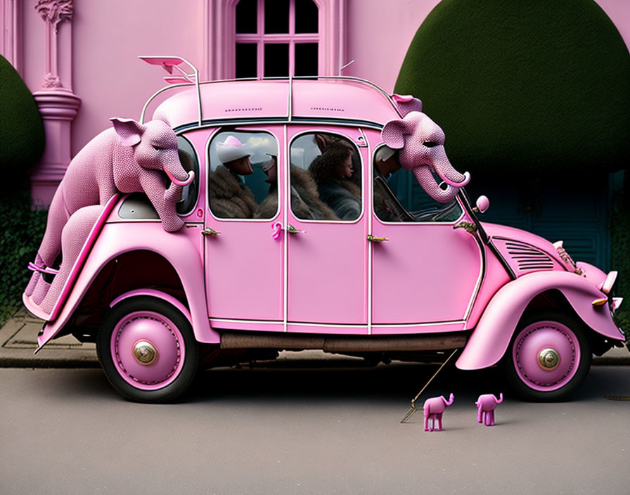 Whimsical pink elephant car ornaments on pink vehicle with passengers.