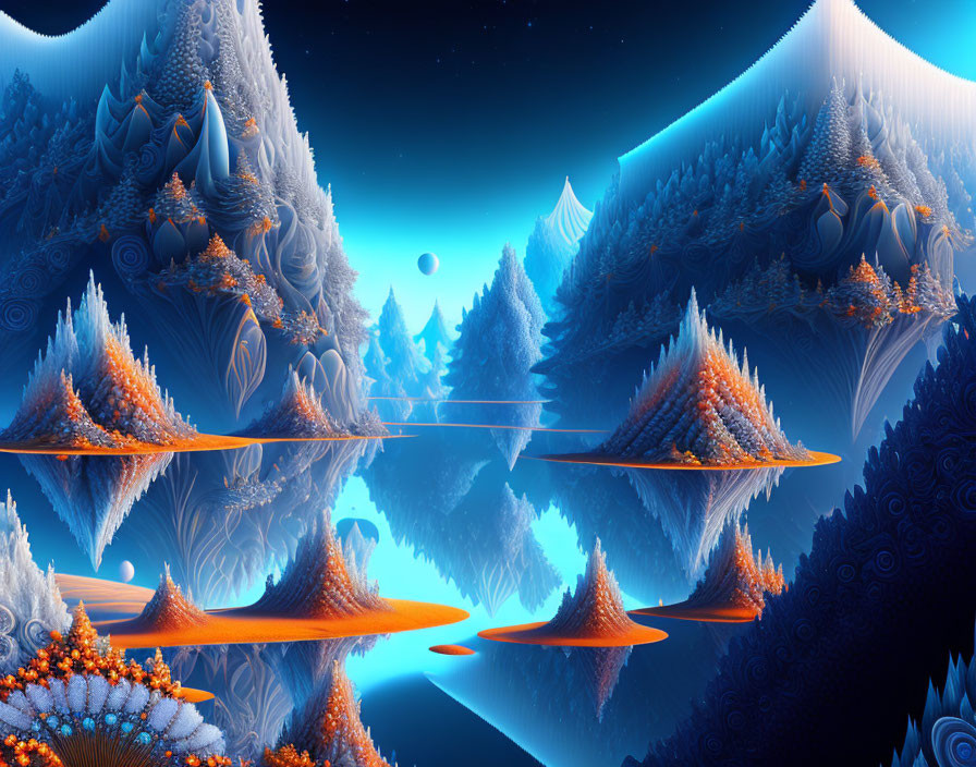 Surreal landscape with floating islands and fractal mountains