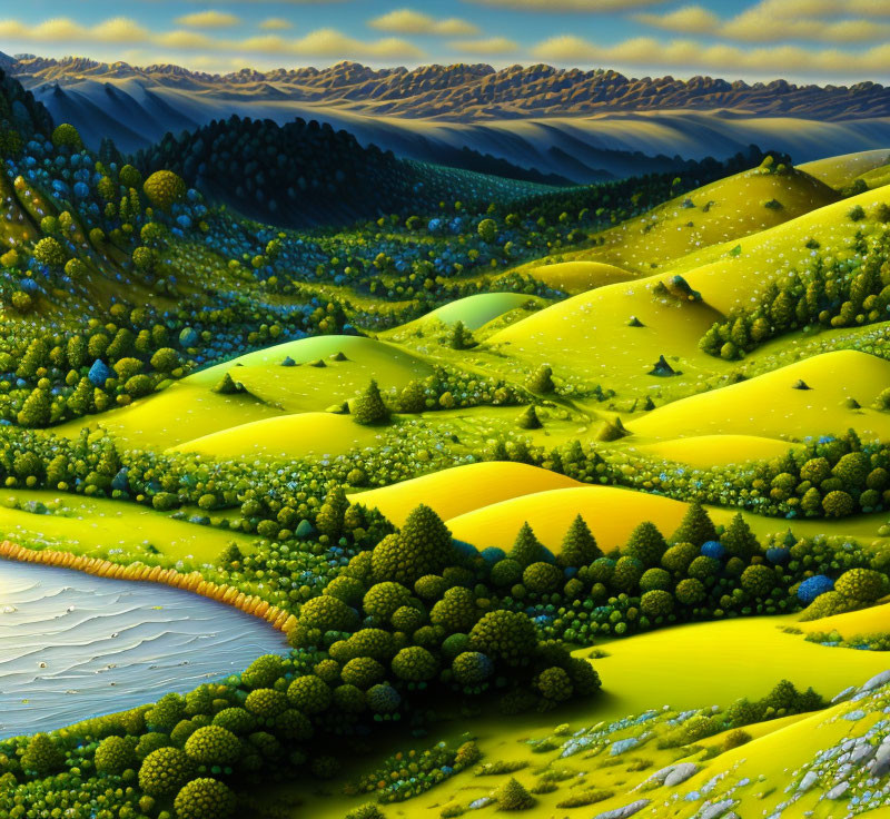 Scenic landscape with yellow hills, green trees, river, and mountains