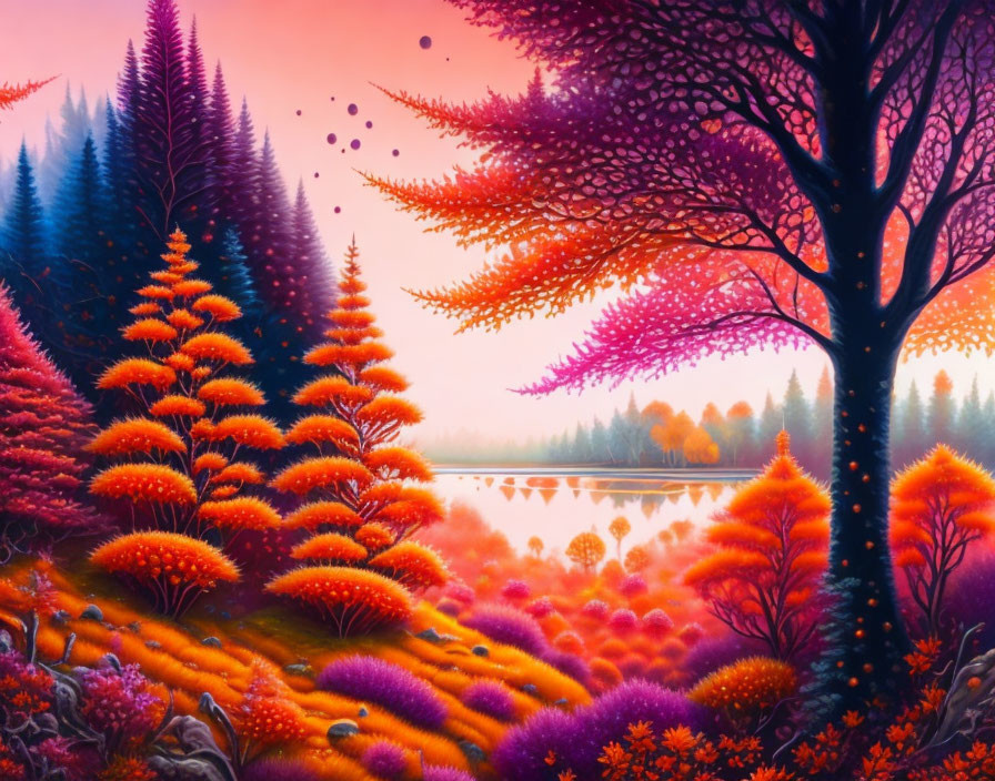 Colorful Fantasy Landscape with Neon Foliage, Reflective Lake, and Purple Sky