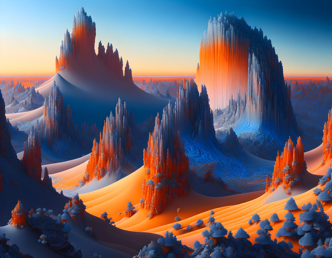 Surreal landscape with orange-blue spires, sand dunes, and conifer-like trees
