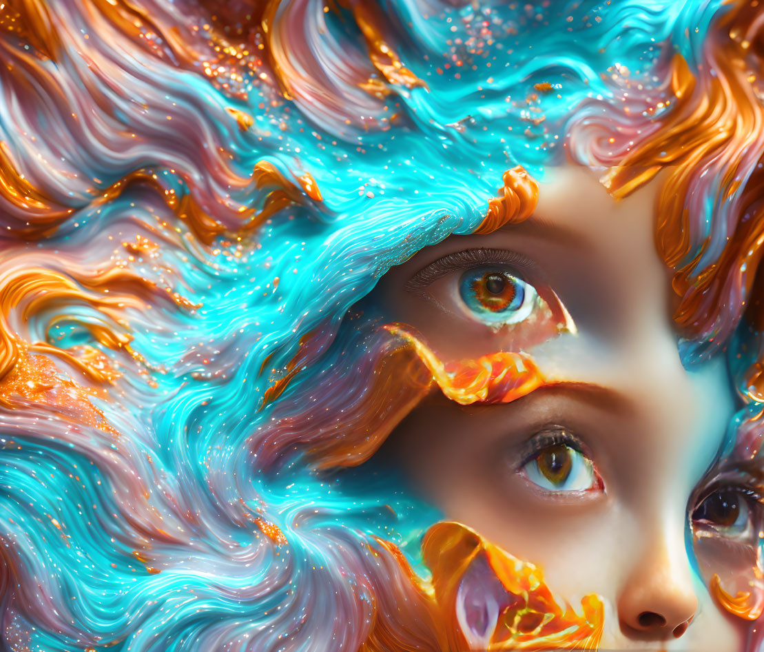 Colorful abstract artwork featuring face with swirling orange, blue, and white patterns