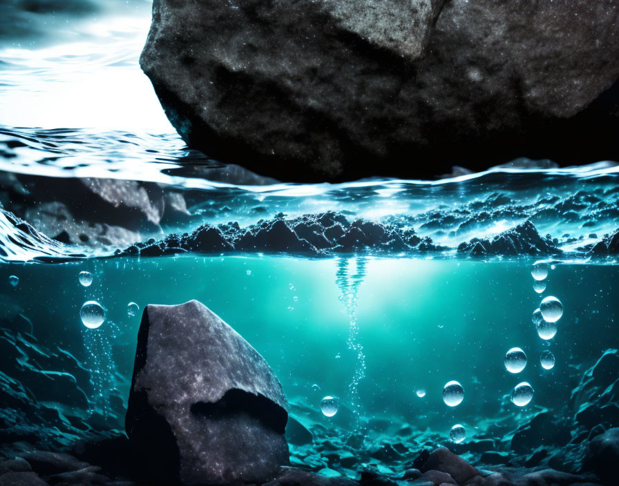 Submerged rocks and bubbles under piercing light, serene blue ambiance