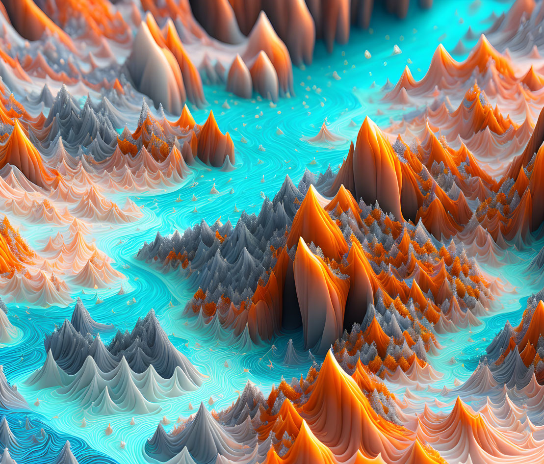 Vibrant orange and teal digital landscape with abstract mountain formations