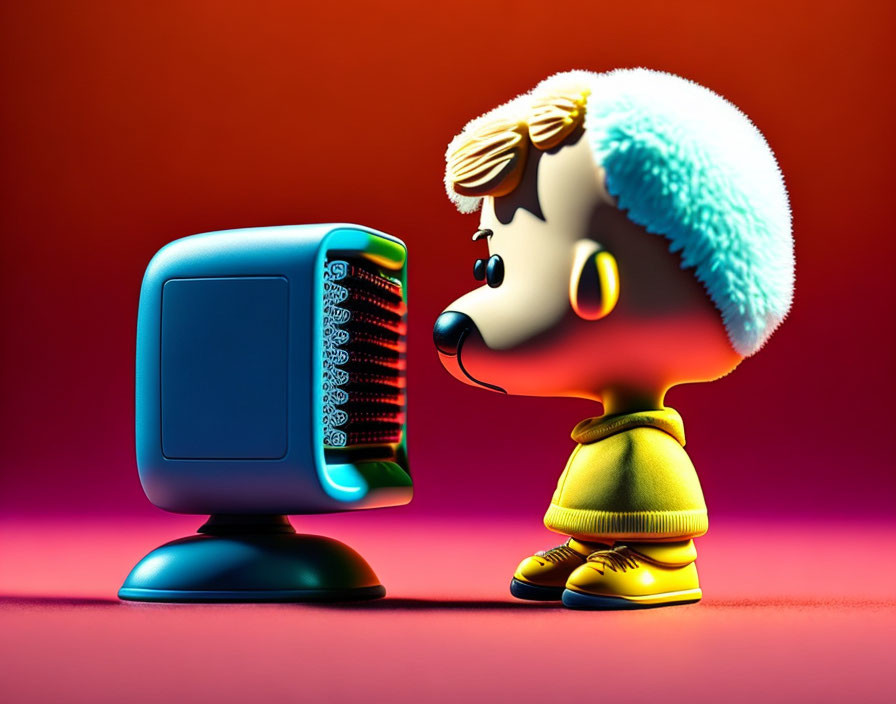 A futuristic peanuts figure with computer