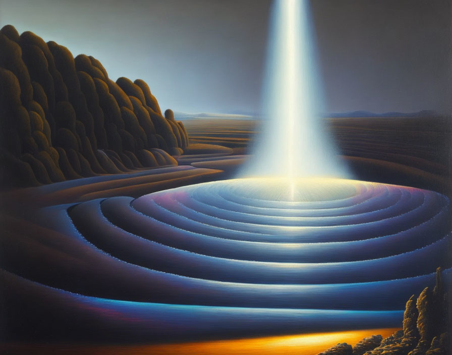 Surreal landscape with concentric water circles and beam of light