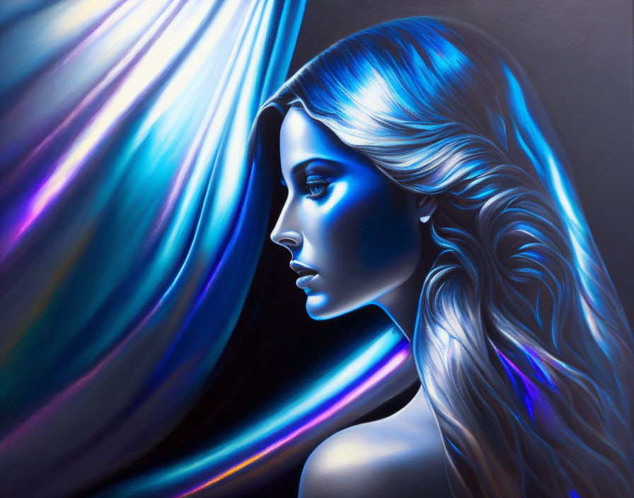 Woman with flowing hair in dynamic blue and white light contrasted against darkness