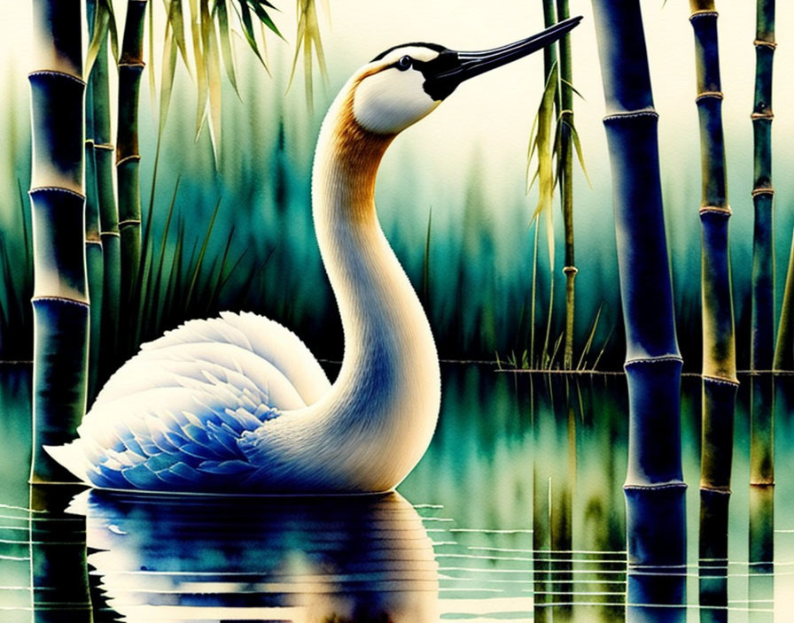 White and Gold Plumage Swan in Serene Water with Bamboo Stalks