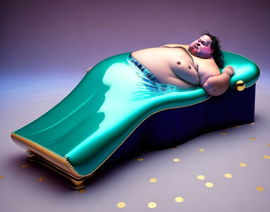 Surreal image of person with large body on bed morphing into liquid form