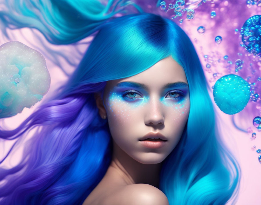 Fantasy illustration: Woman with vibrant blue hair and eyes, surrounded by bubbles and jellyfish in underwater
