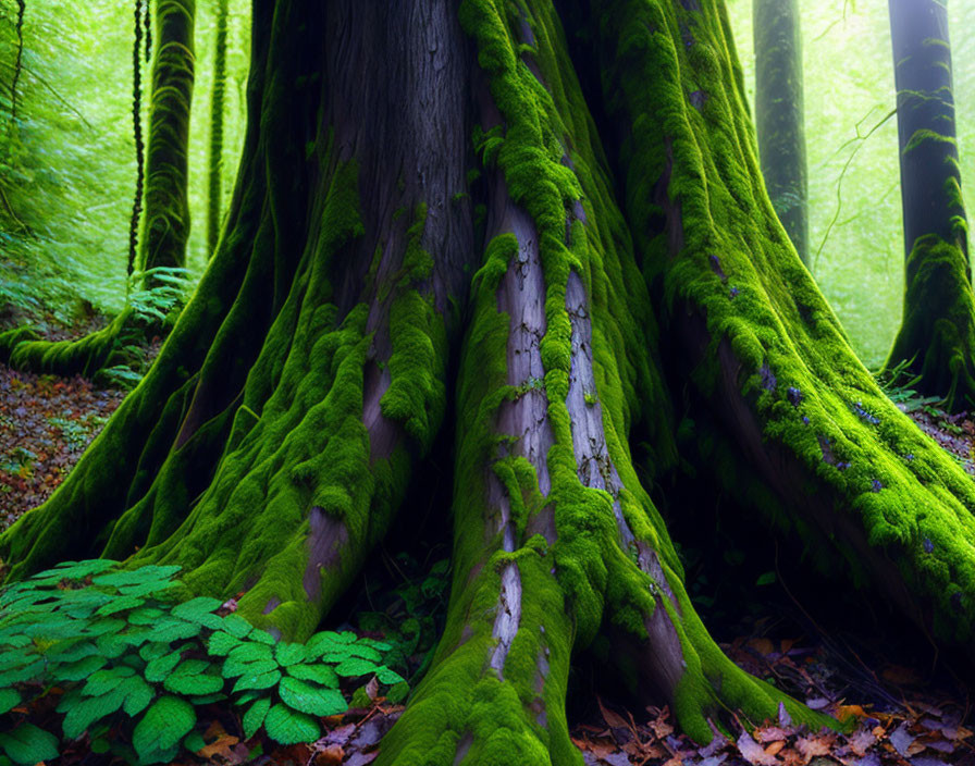 Moss-covered tree roots in misty forest with ferns & soft light